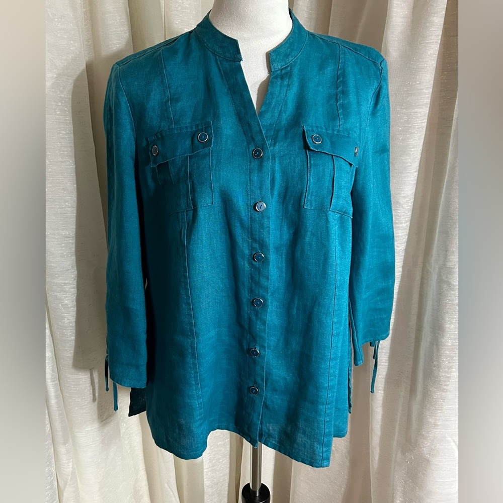 Lovely JM Collection teal linen jacket/shirt